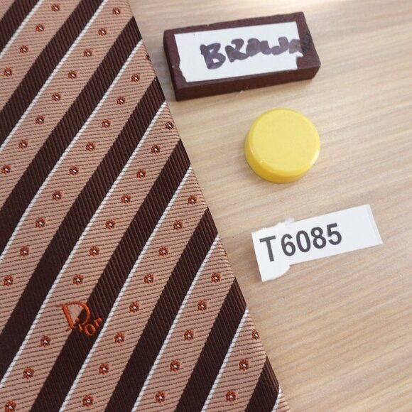 Christian Dior Neck Tie Mens Brown Striped Silk Logo Initial Flower Rustic Short - Picture 10 of 10